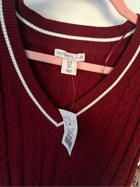 Sincerely Jules Burgundy Cable Knit V-Neck Sweater with White Stripe